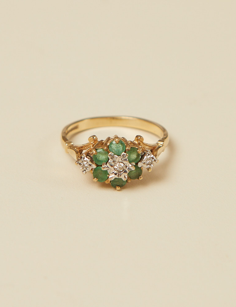 (SOLD) VINTAGE - Solid 9ct Gold Emeralds and Diamonds Flower Ring