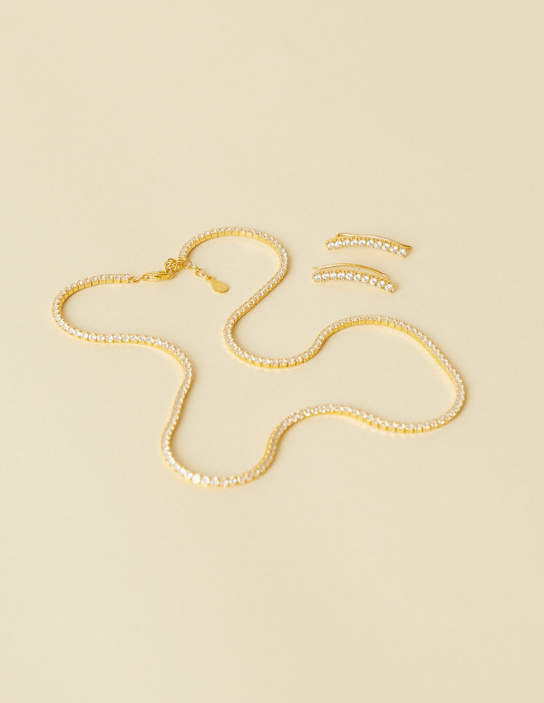Tennis Necklace & Thin Glamour Climbers Set