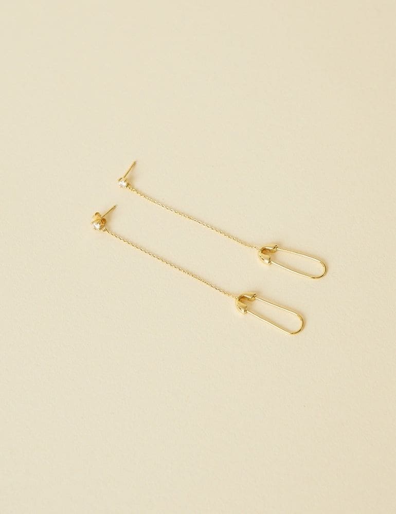 Safety Pin Earrings with Detachable Chain Stud - Gold