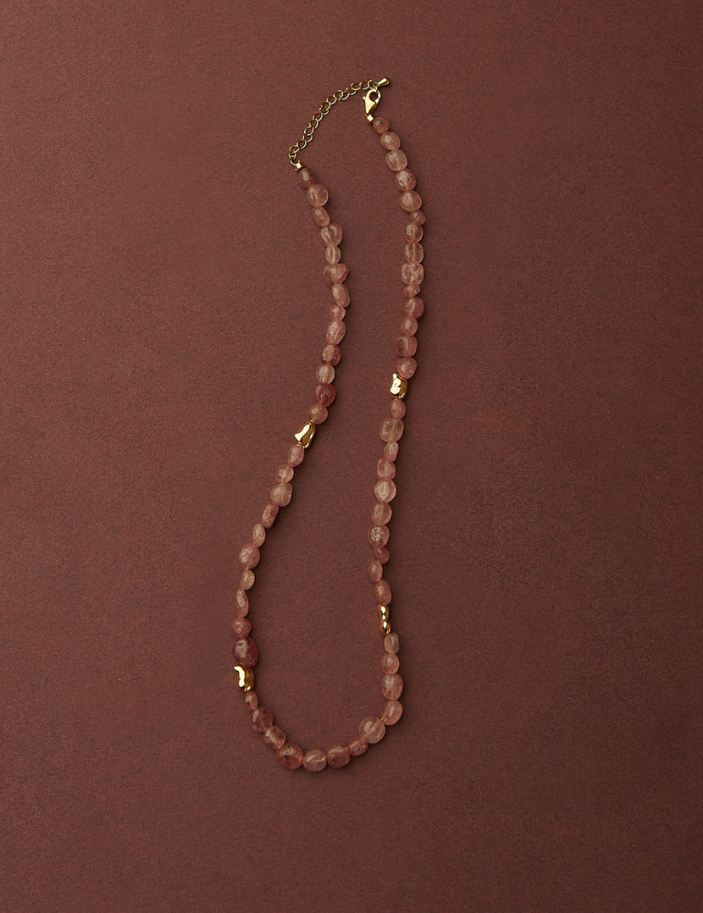 Santorini Beaded Necklace - Strawberry Quartz & Gold Beads