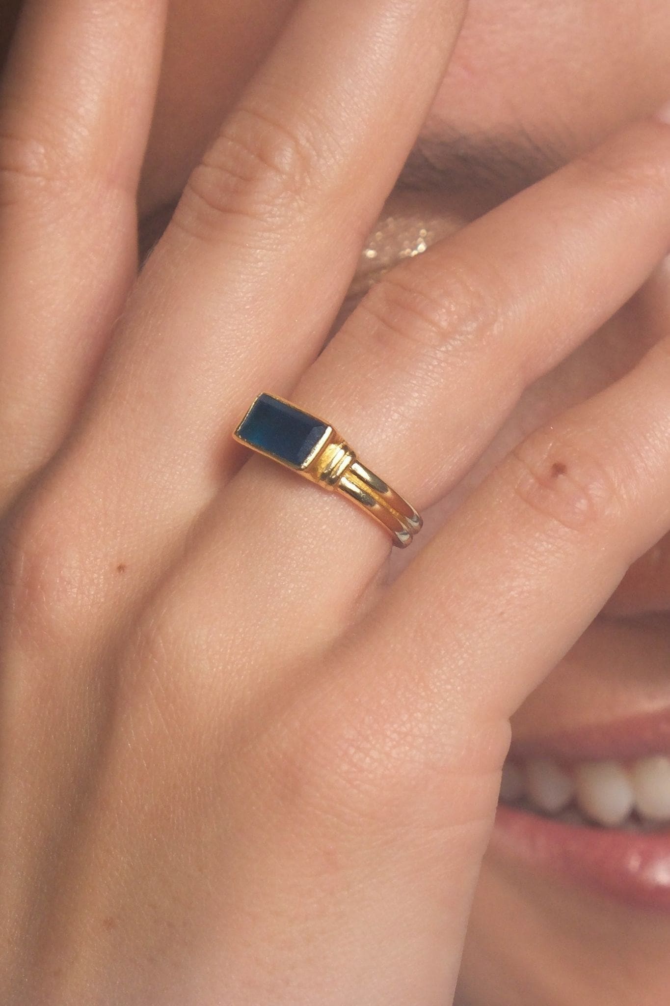 Gemstone Stacking Ring Blue Black Jade - Gold