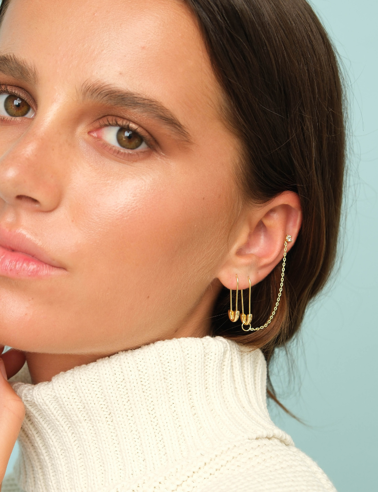Safety Pin Earrings with Detachable Chain Stud - Gold