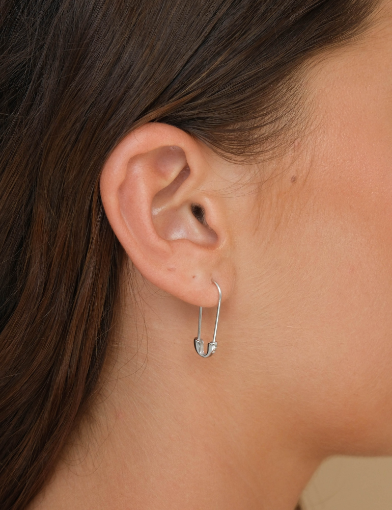 Safety Pin Earrings with Detachable Chain Stud - Silver