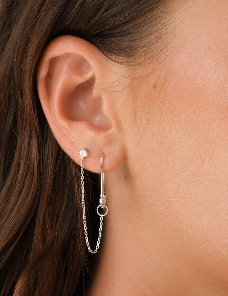 Safety Pin Earrings with Detachable Chain Stud - Silver