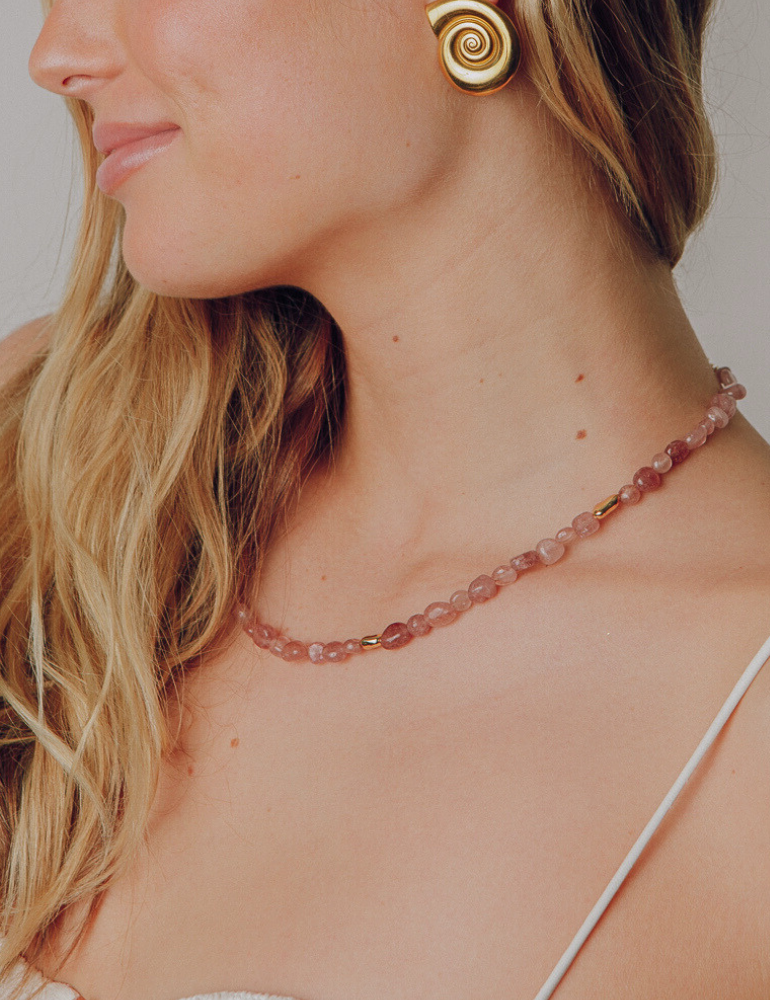 Santorini Beaded Necklace - Strawberry Quartz & Gold Beads