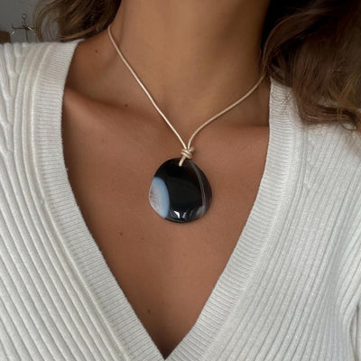 The Kate - Black Onyx Stone and Leather Necklace